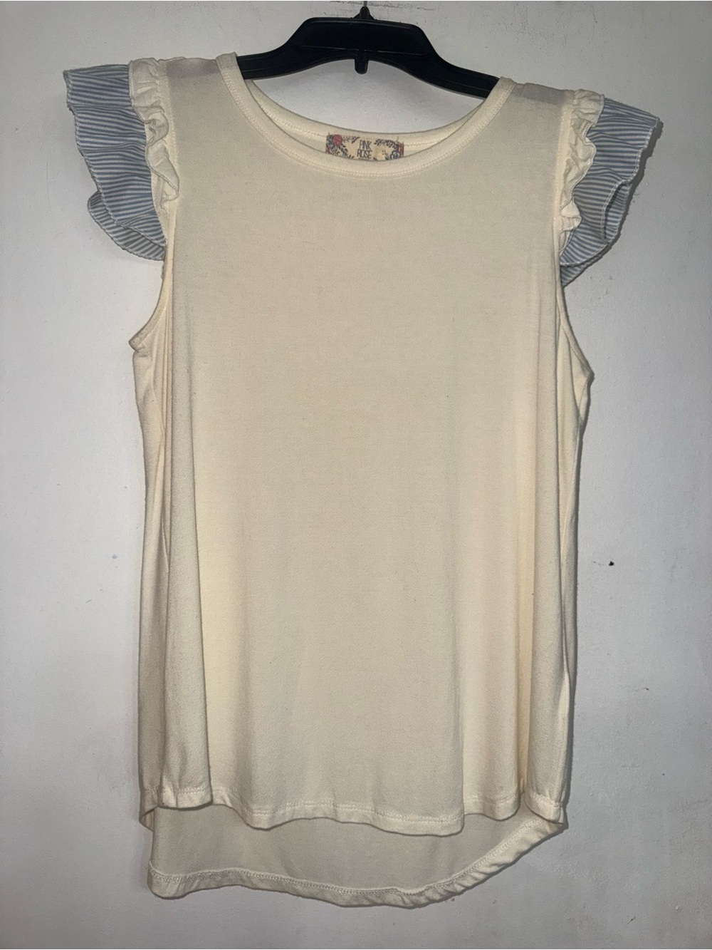 Pink Rose Cream Tank with Blue Stripe Flutter Sleeves
